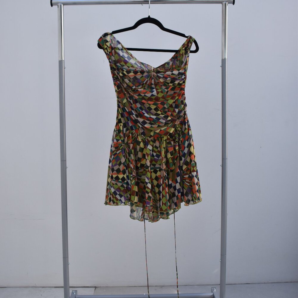 Zoni Kaleidoscope Print Mini Dress – Draped Bust & Flowy Skirt, Size 40